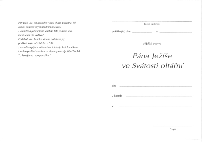 Upomínka na 1. svaté přijímání • Kalich, víno, klasy a patena s hostií